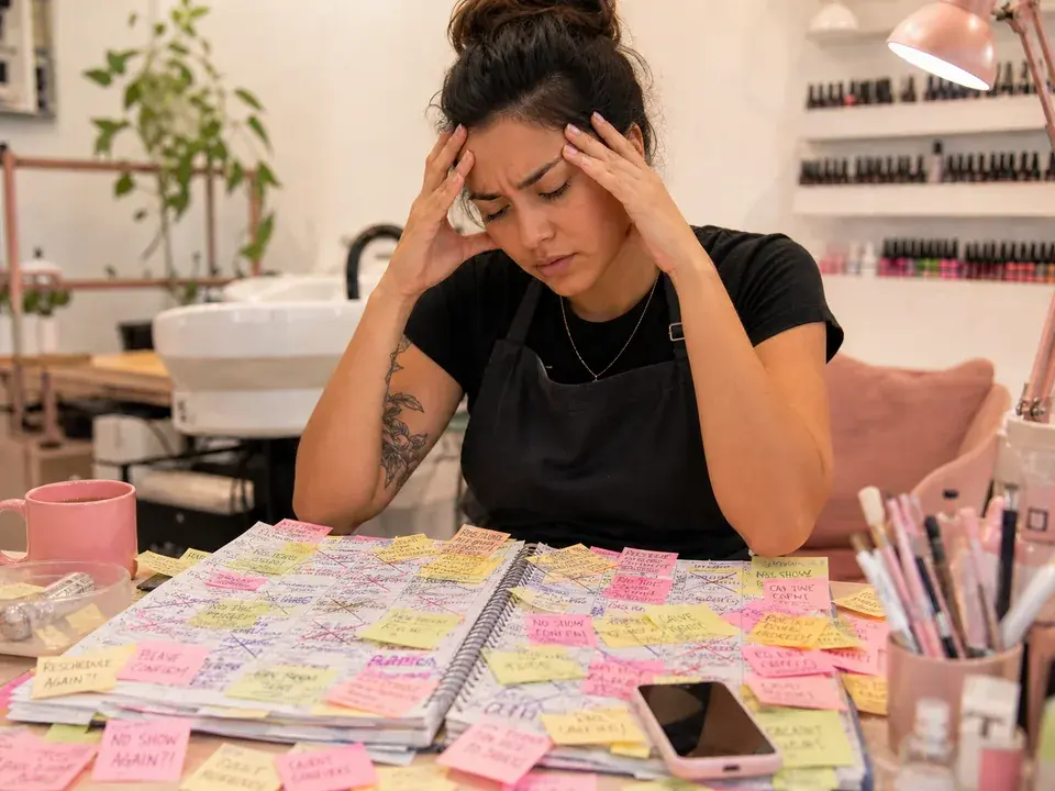 Profissional de beleza conferindo uma agenda manual cheia de remarcações no salão