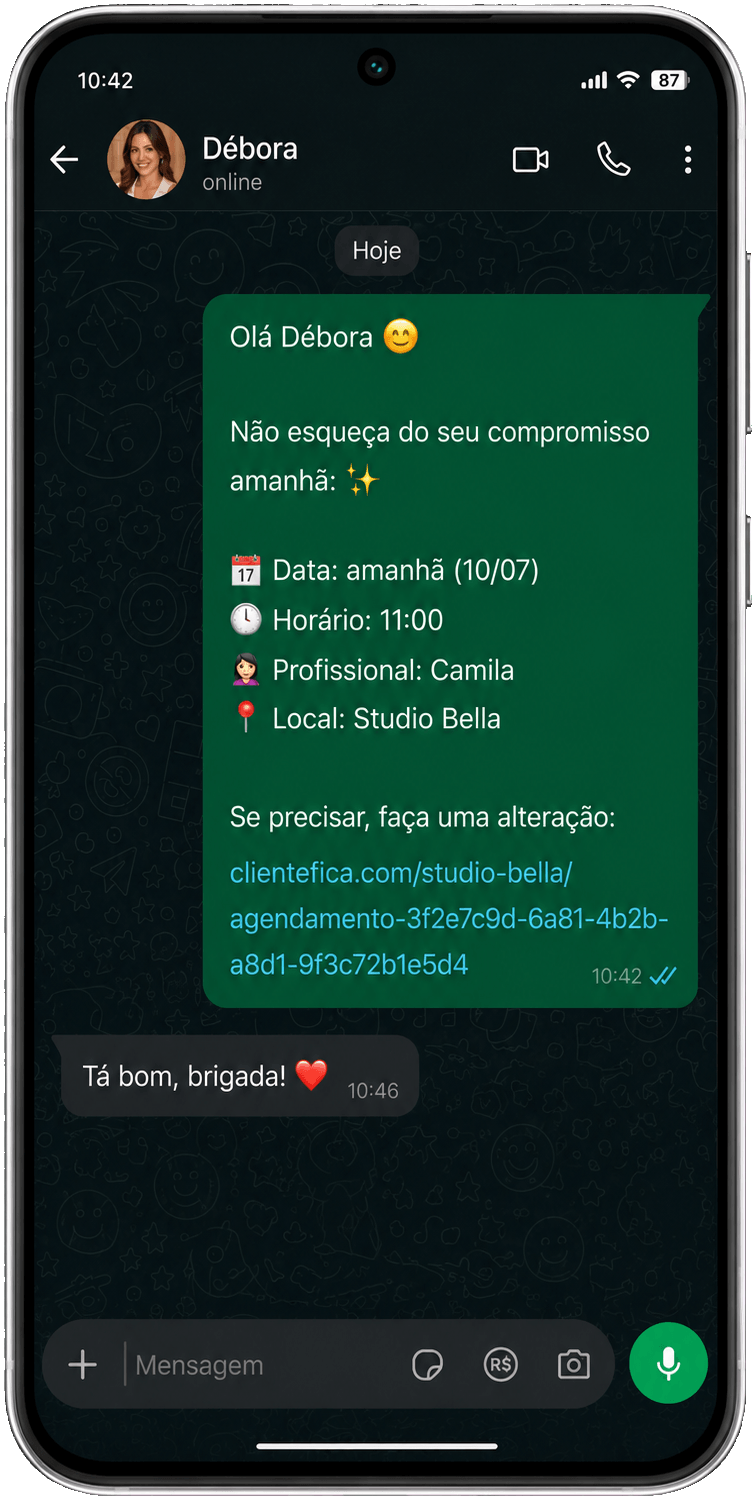 Lembrete automático de agendamento no WhatsApp
